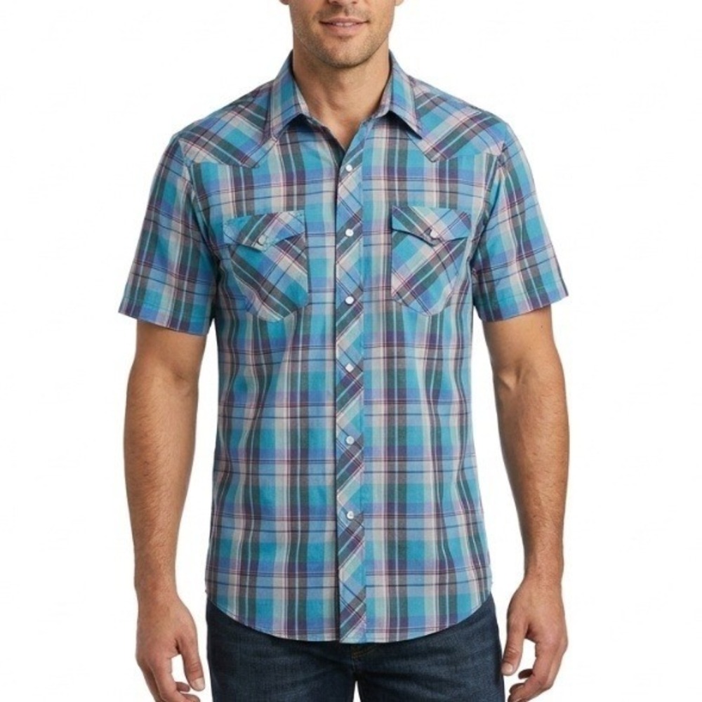 Wrangler Shirt Mens Medium Blue Plaid Western Pearl Snap Cowboy Short Sleeve USA
